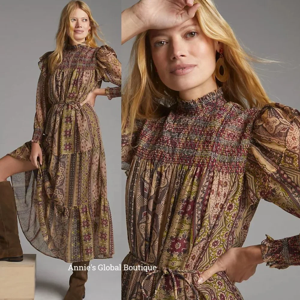 NWT ANTHROPOLOGIE Llani Smocked Tiered Midi Dress. Size M - Picture 1 of 16